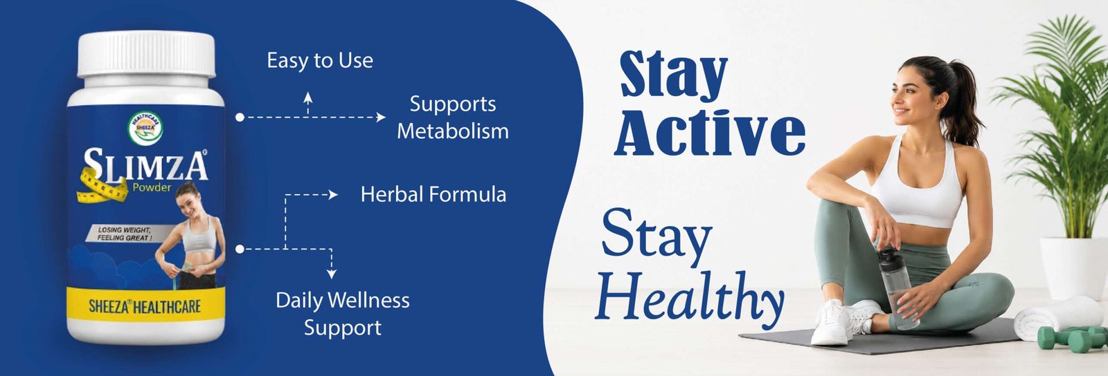 Sheeza Slimza Powder with an active lifestyle and wellness theme.